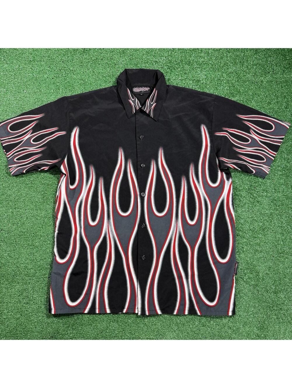 Vintage Y2K Sapphire Lounge Shirt Mens M Black Flame Button